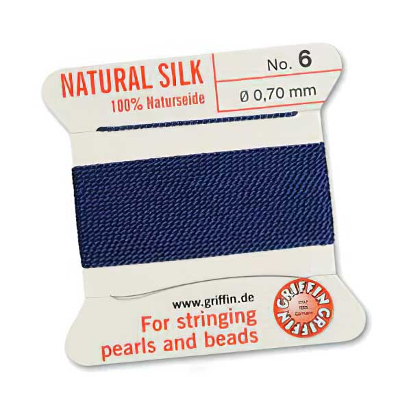 Silk Thread - Size 6 / 0.7mm Griffin Silk Beading Cord / Needle - Dark Blue (2 m