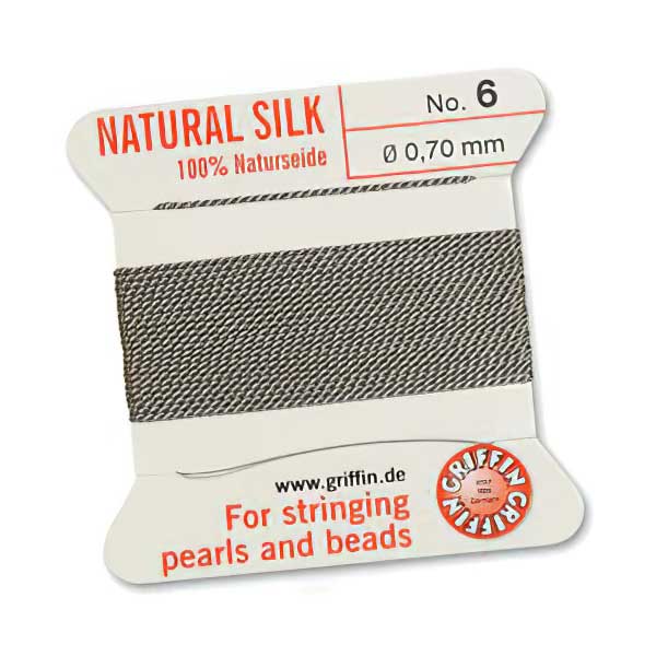 Silk Thread - Size 6 / 0.7mm Griffin Silk Beading Cord / Needle - Grey (2 m)