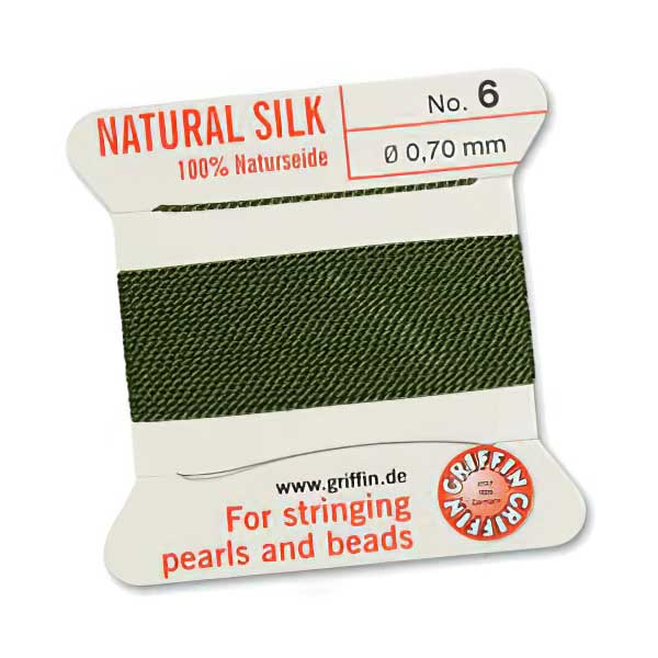 Silk Thread - Size 6 / 0.7mm Griffin Silk Beading Cord / Needle - Olive (2 m)