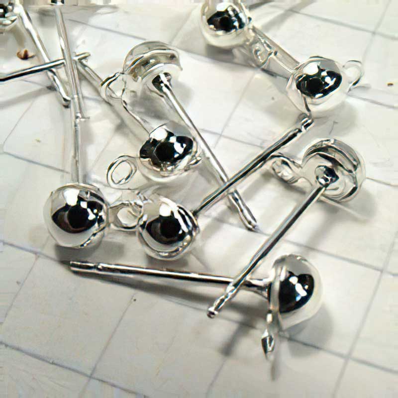 Earring - 4mm Dome Stud with Loop - Bright Silvertone (4 pairs)