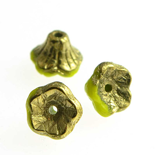 Glass Bead Flared Cup Pressed Bell - 7x5mm - Olive Jade Gold Luster (Pack)