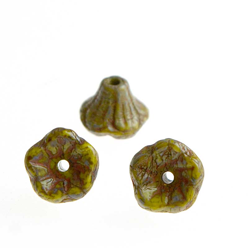 Glass Bead Flared Cup Pressed Bell - 7x5mm - Olive Jade Picasso (Pack)