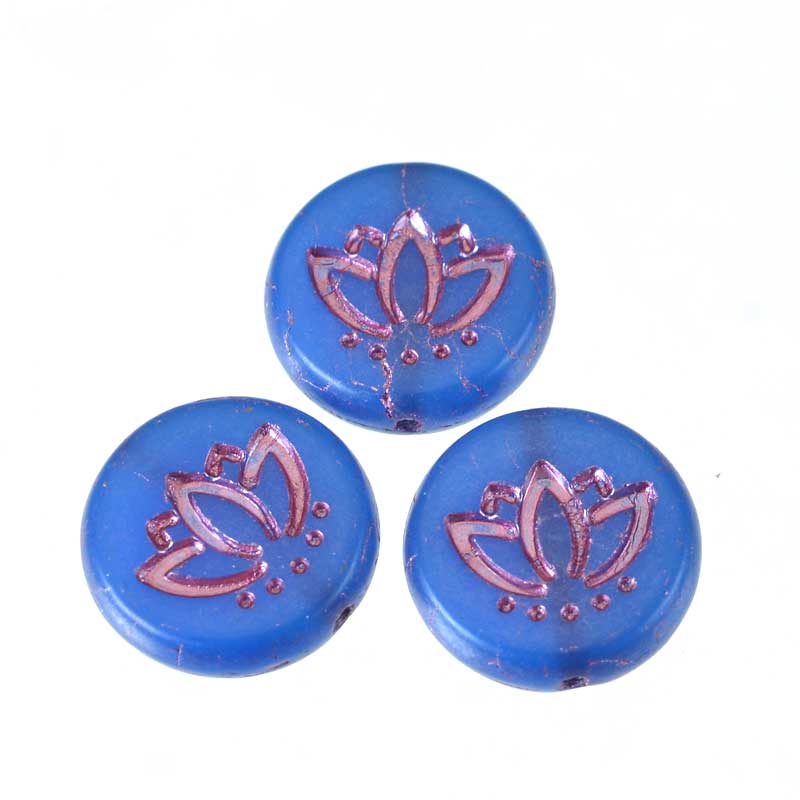 Glass Beads Lotus Flower Coin - 18mm - True Blue (12)
