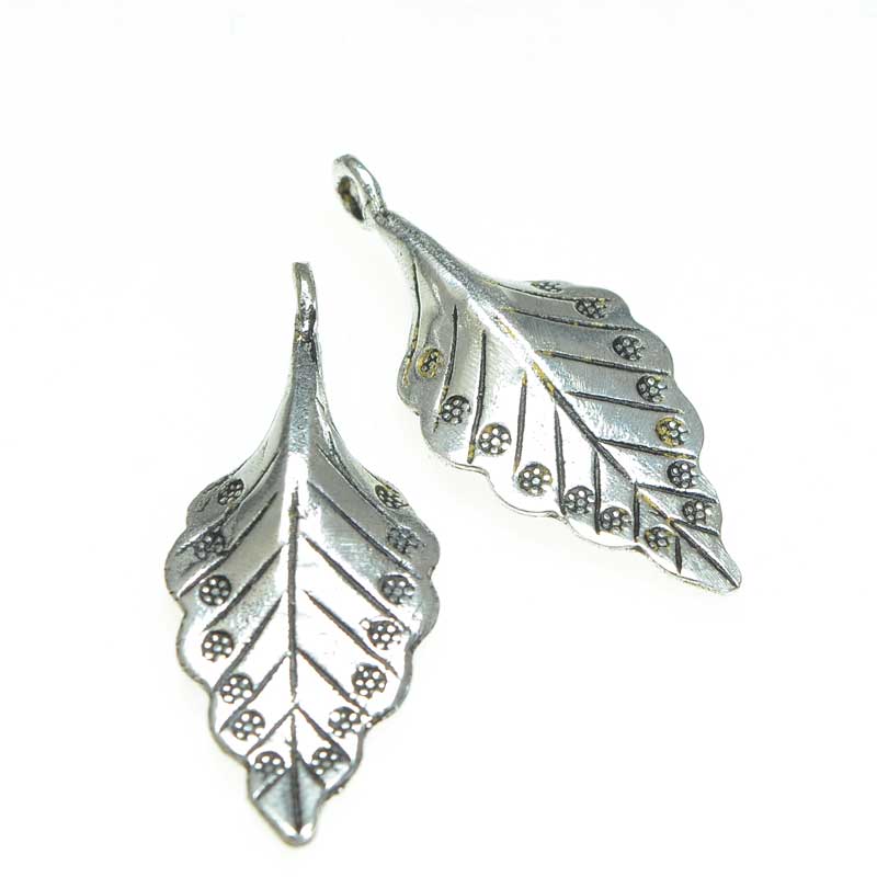 Dotted Leaf Charm Antiqued Silver pair