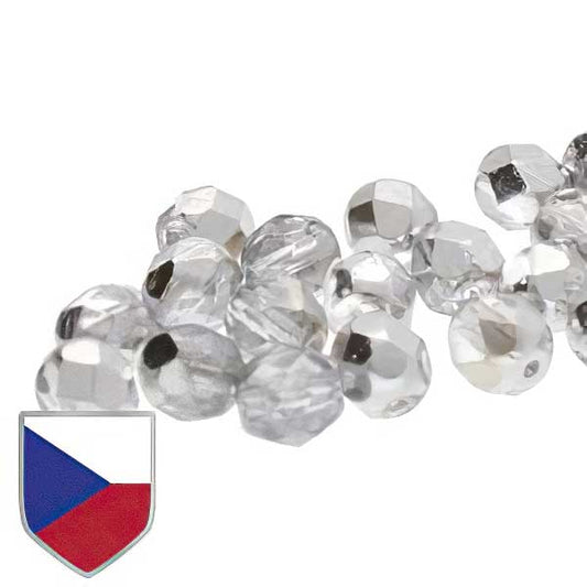 Fire Polish Faceted Round - 4mm - Crystal Labrador Czech Shield (Strand)