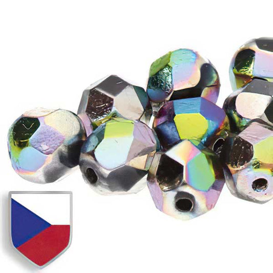 Fire Polish Faceted Round - 4mm - Jet Full Vitrail Czech Shield (Strand)