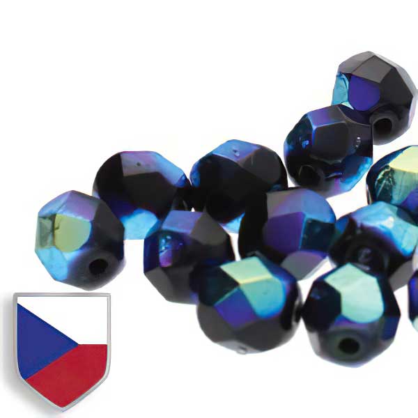 Fire Polish Faceted Round - 4mm - Jet Full AB Czech Shield (Strand)
