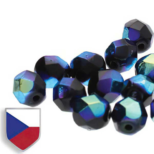 Fire Polish Faceted Round - 4mm - Jet Full AB Czech Shield (Strand)