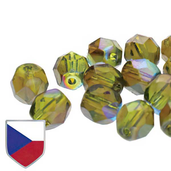 Fire Polish Faceted Round - 4mm - Olivine Brown Rainbow Czech Shield (Strand)