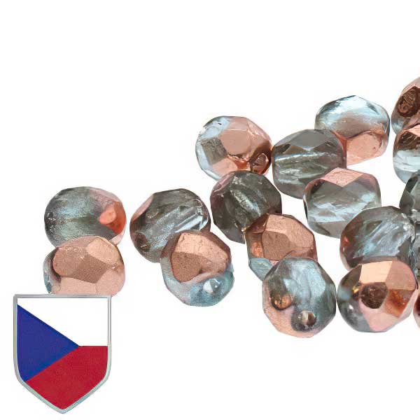 Fire Polish Faceted Round - 4mm - Aqua Capri Gold Czech Shield (Strand)