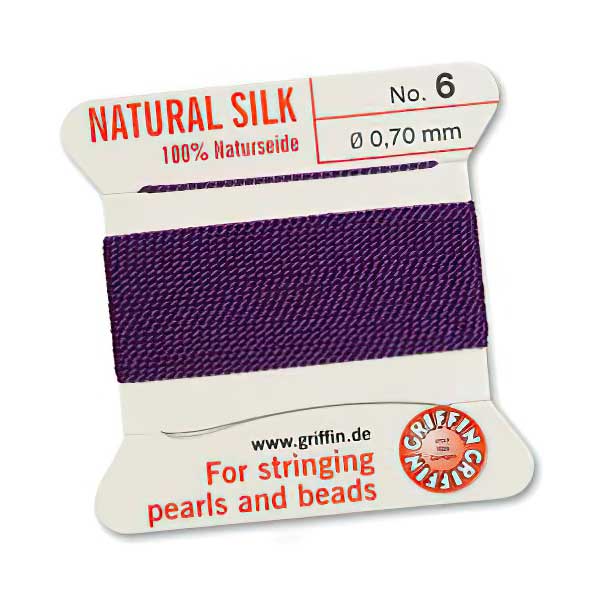 Silk Thread - Size 6 / 0.7mm Griffin Silk Beading Cord / Needle - Amethyst (2 m)