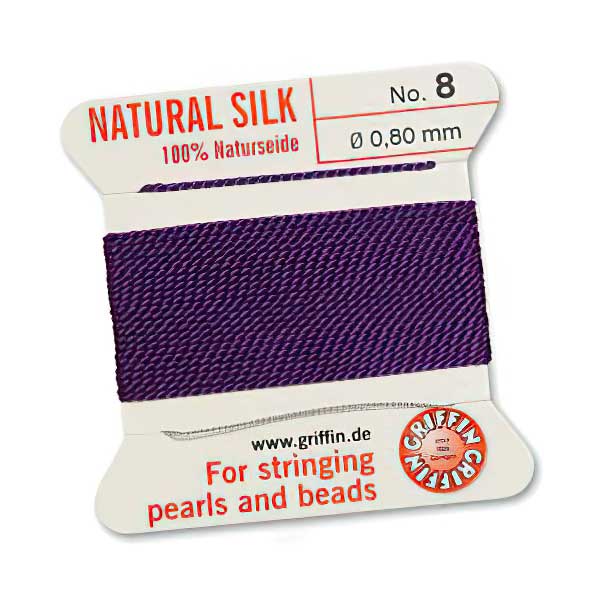 Silk Thread - Size 8 / 0.8mm Griffin Silk Beading Cord / Needle - Amethyst (2 m)