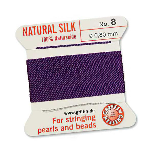 Silk Thread - Size 8 / 0.8mm Griffin Silk Beading Cord / Needle - Amethyst (2 m)