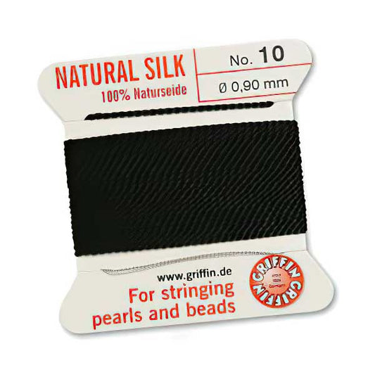 Silk Thread - Size 10 / 0.9mm Griffin Silk Beading Cord / Needle - Black (2 m)