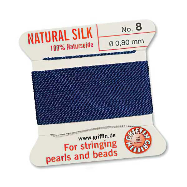 Silk Thread - Size 8 / 0.8mm Griffin Silk Beading Cord / Needle - Dark Blue (2 m