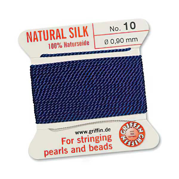 Silk Thread - Size 10 / 0.9mm Griffin Silk Beading Cord / Needle - Dark Blue (2 