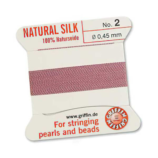 Silk Thread - Size 2 / 0.45mm Griffin Silk Beading Cord / Needle - Dark Pink (2 