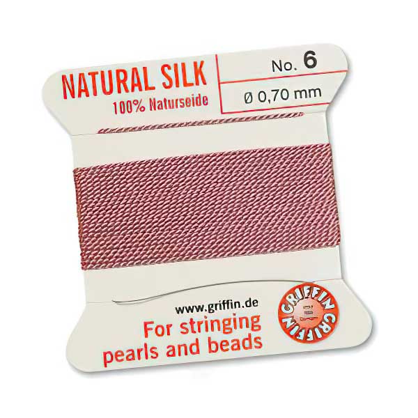 Silk Thread - Size 6 / 0.7mm Griffin Silk Beading Cord / Needle - Dark Pink (2 m