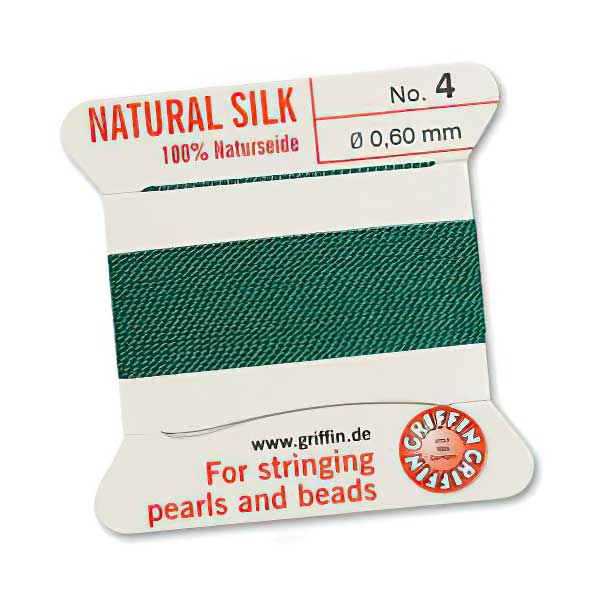 Silk Thread - Size 4 / 0.6mm Griffin Silk Beading Cord / Needle - Green (2 m)