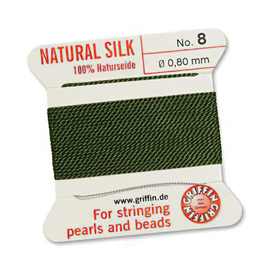 Silk Thread - Size 8 / 0.8mm Griffin Silk Beading Cord / Needle - Olive (2 m)