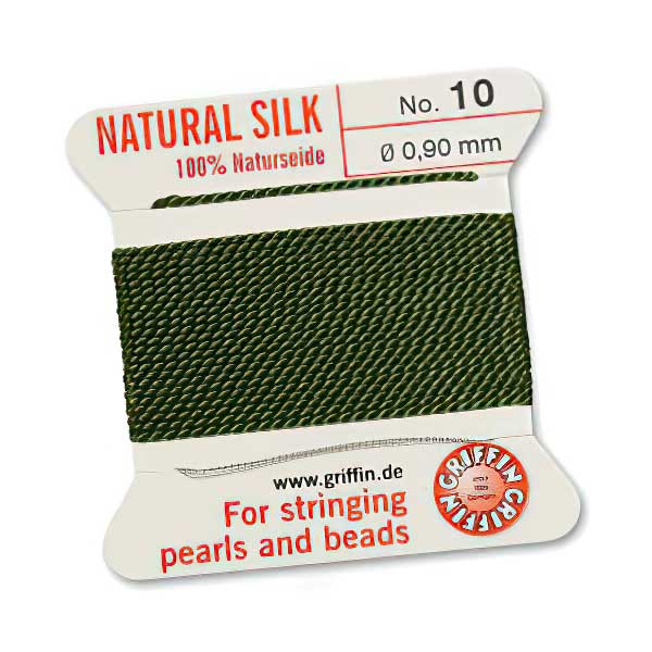 Silk Thread - Size 10 / 0.9mm Griffin Silk Beading Cord / Needle - Olive (2 m)