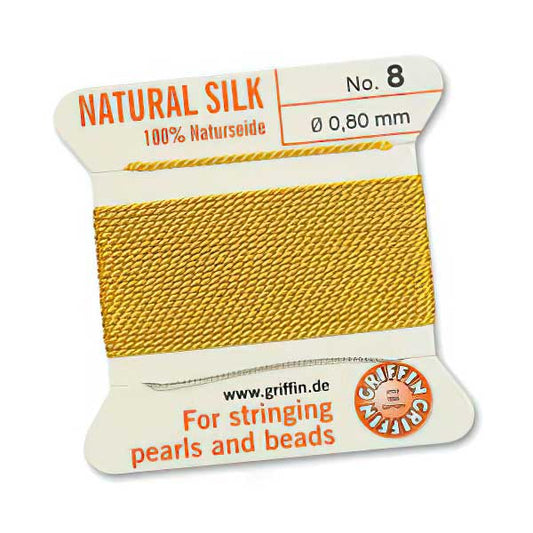 Silk Thread - Size 8 / 0.8mm Griffin Silk Beading Cord / Needle - Yellow (2 m)