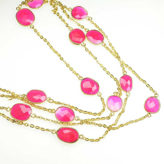Gemstone Chain -  Mounted Faceted Random - Pink Chalcedony - Goldplated (foot)