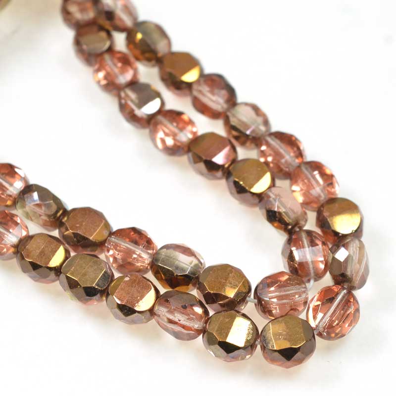 Czech Glass - 8mm TwoWay Fancy Faceted Oval - Rose Gold (strand 25)