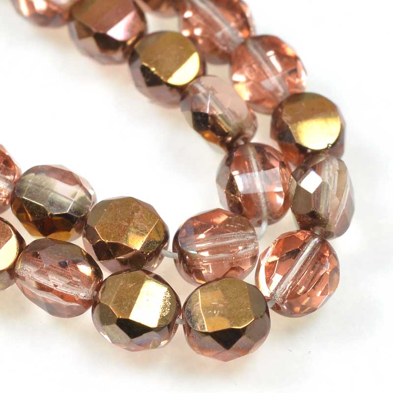 Czech Glass - 8mm TwoWay Fancy Faceted Oval - Rose Gold (strand 25)