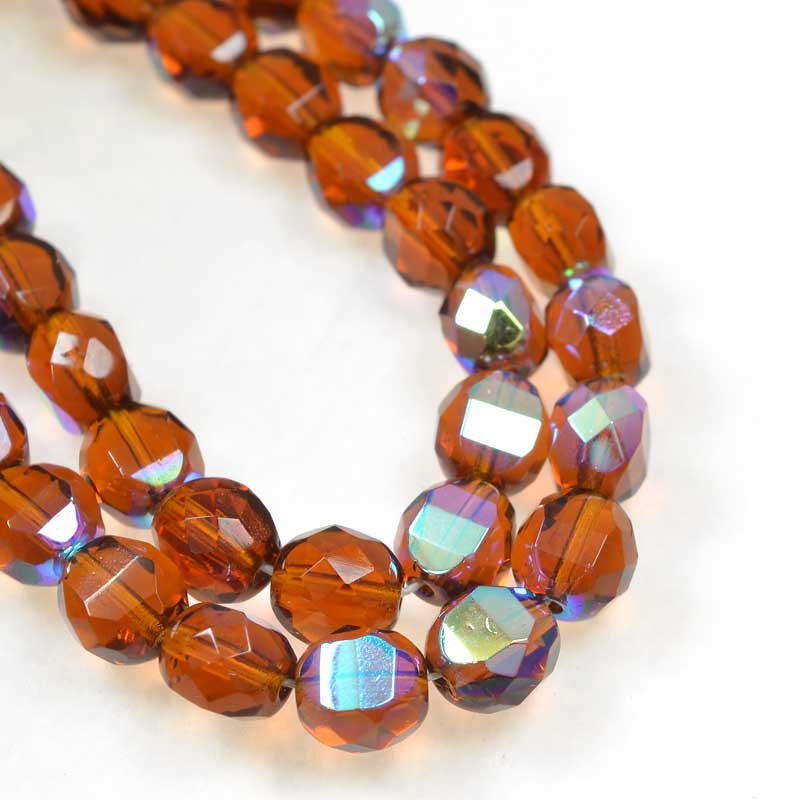 Czech Glass - 8mm TwoWay Fancy Faceted Oval - Dark Topaz AB (strand 25)