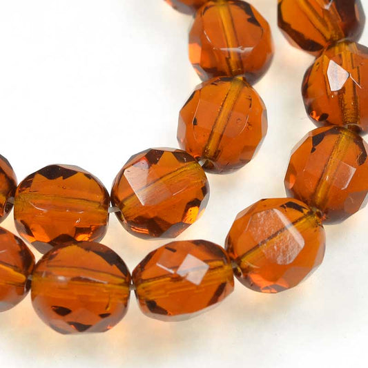 Czech Glass - 8mm TwoWay Fancy Faceted Oval - Dark Topaz (strand 25)