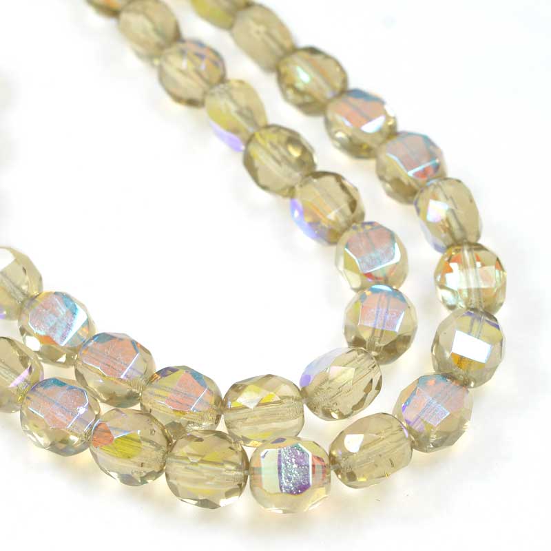 Czech Glass - 8mm TwoWay Fancy Faceted Oval - Light Smoky Topaz AB (strand 25)