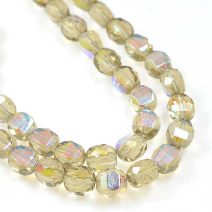 Czech Glass - 8mm TwoWay Fancy Faceted Oval - Light Smoky Topaz AB (strand 25)