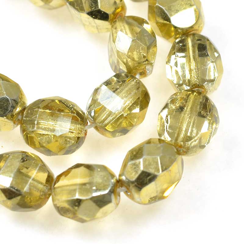 Czech Glass - 8mm TwoWay Fancy Faceted Oval - Gold Mirror (strand 25)