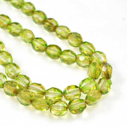 Czech Glass - 8mm TwoWay Fancy Faceted Oval - Green Picasso (strand 25)