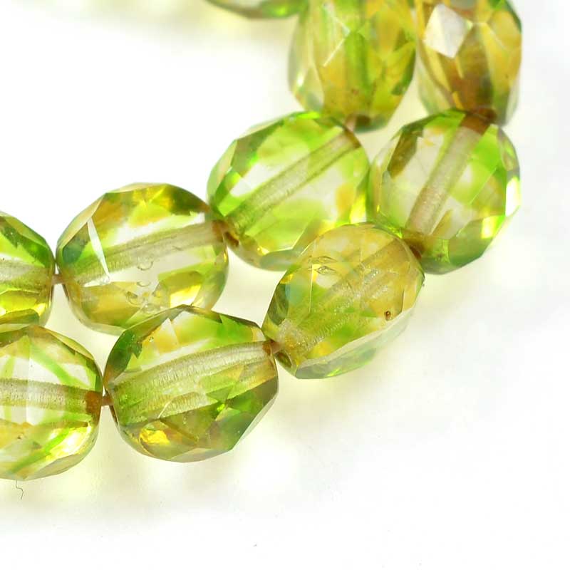 Czech Glass - 8mm TwoWay Fancy Faceted Oval - Green Picasso (strand 25)