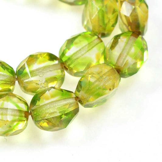 Czech Glass - 8mm TwoWay Fancy Faceted Oval - Green Picasso (strand 25)