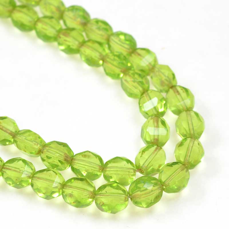 Czech Glass - 8mm TwoWay Fancy Faceted Oval - Peridot Picasso (strand 25)