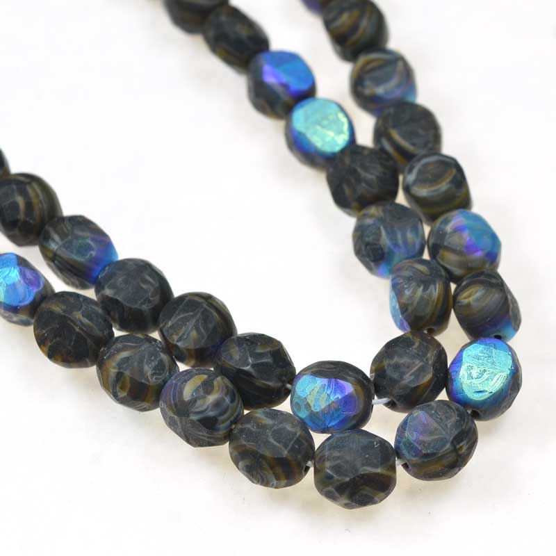 Czech Glass - 8mm TwoWay Fancy Faceted Oval - Matte Tiger Eye AB (strand 25)