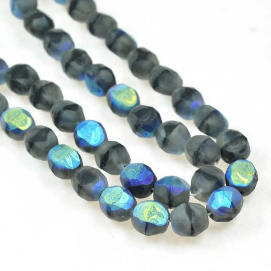 Czech Glass - 8mm TwoWay Fancy Faceted Oval - Matte Grey Givre AB (strand 25)