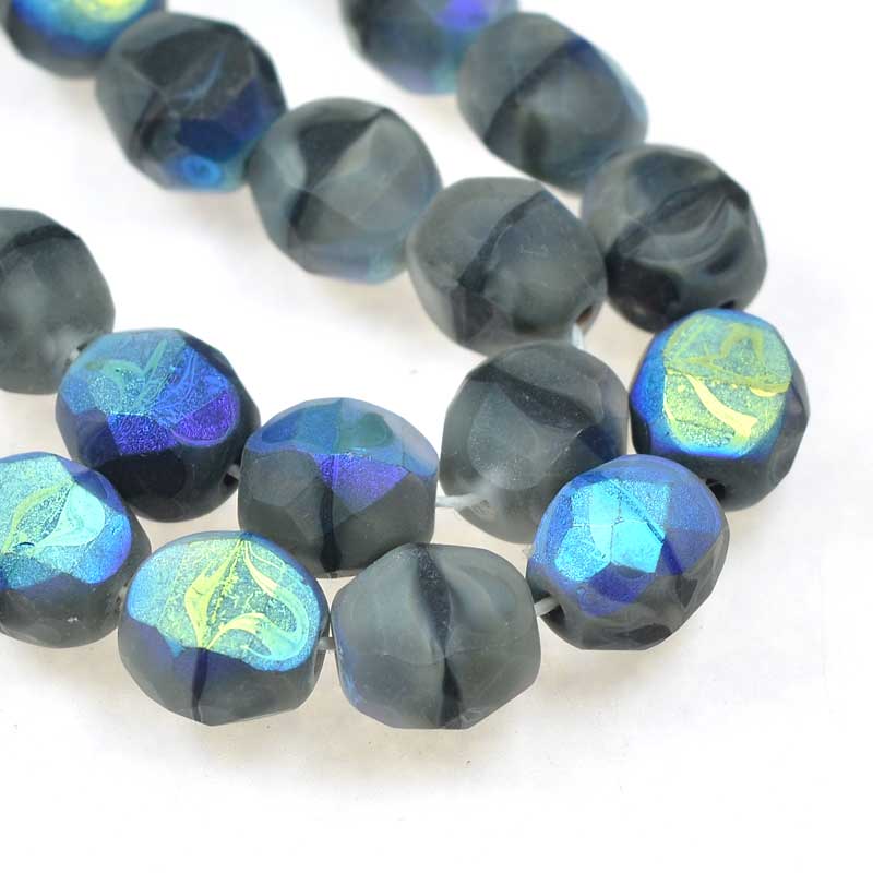 Czech Glass - 8mm TwoWay Fancy Faceted Oval - Matte Grey Givre AB (strand 25)