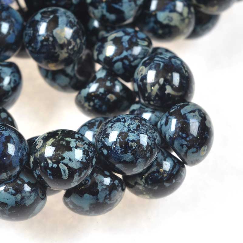 Glass Drops - 9x8mm Mushroom Button - Jet Blue Picasso (25)