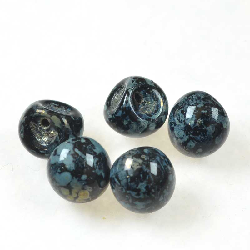 Glass Drops - 9x8mm Mushroom Button - Jet Blue Picasso (25)