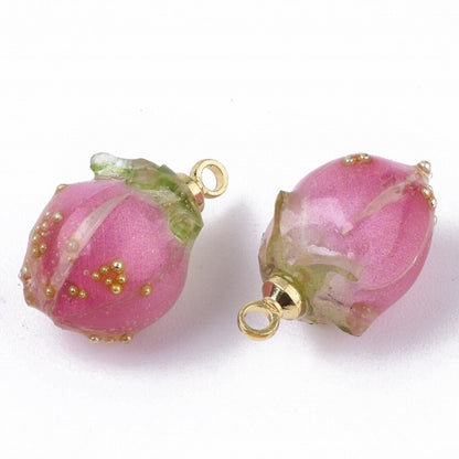 Resin Flower Bud Charm   Deep Rose Pair