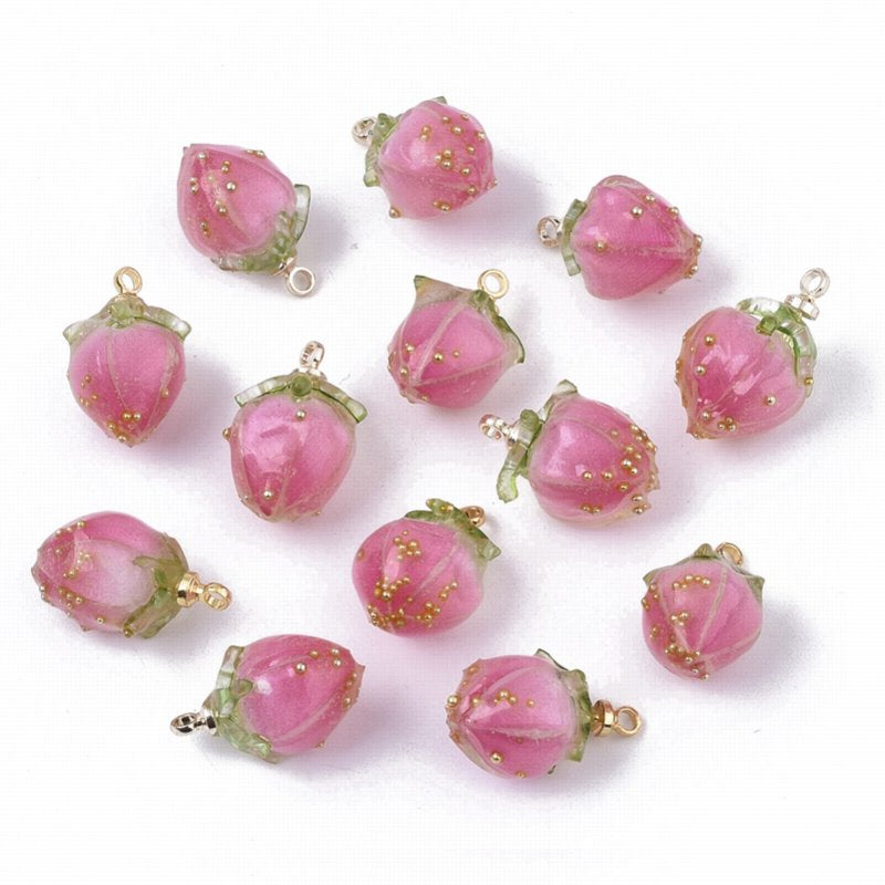 Resin Flower Bud Charm   Deep Rose Pair