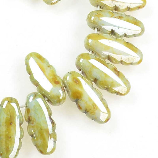 Serrated Dagger Beads - Green Picasso (strand 25)