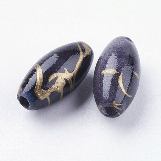 Painted Acrylic Beads -  Oval - Black (10)