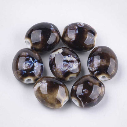 Glazed Porcelain Bead -  Flattened Oval - Coconut (10)