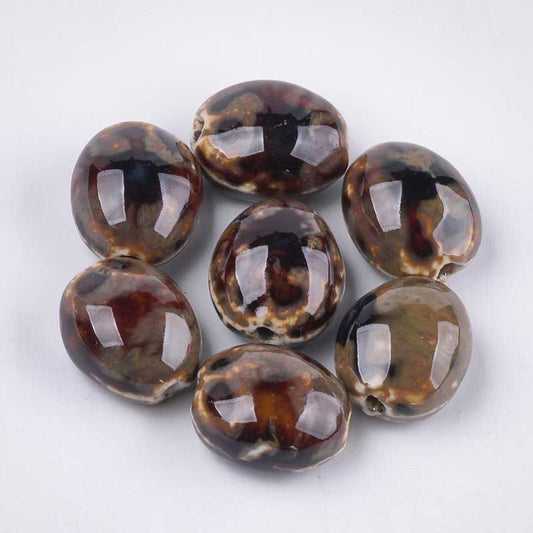 Glazed Porcelain Bead -  Flattened Oval - Coffee (10)