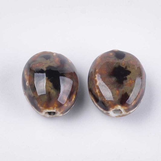 Glazed Porcelain Bead -  Flattened Oval - Coffee (10)